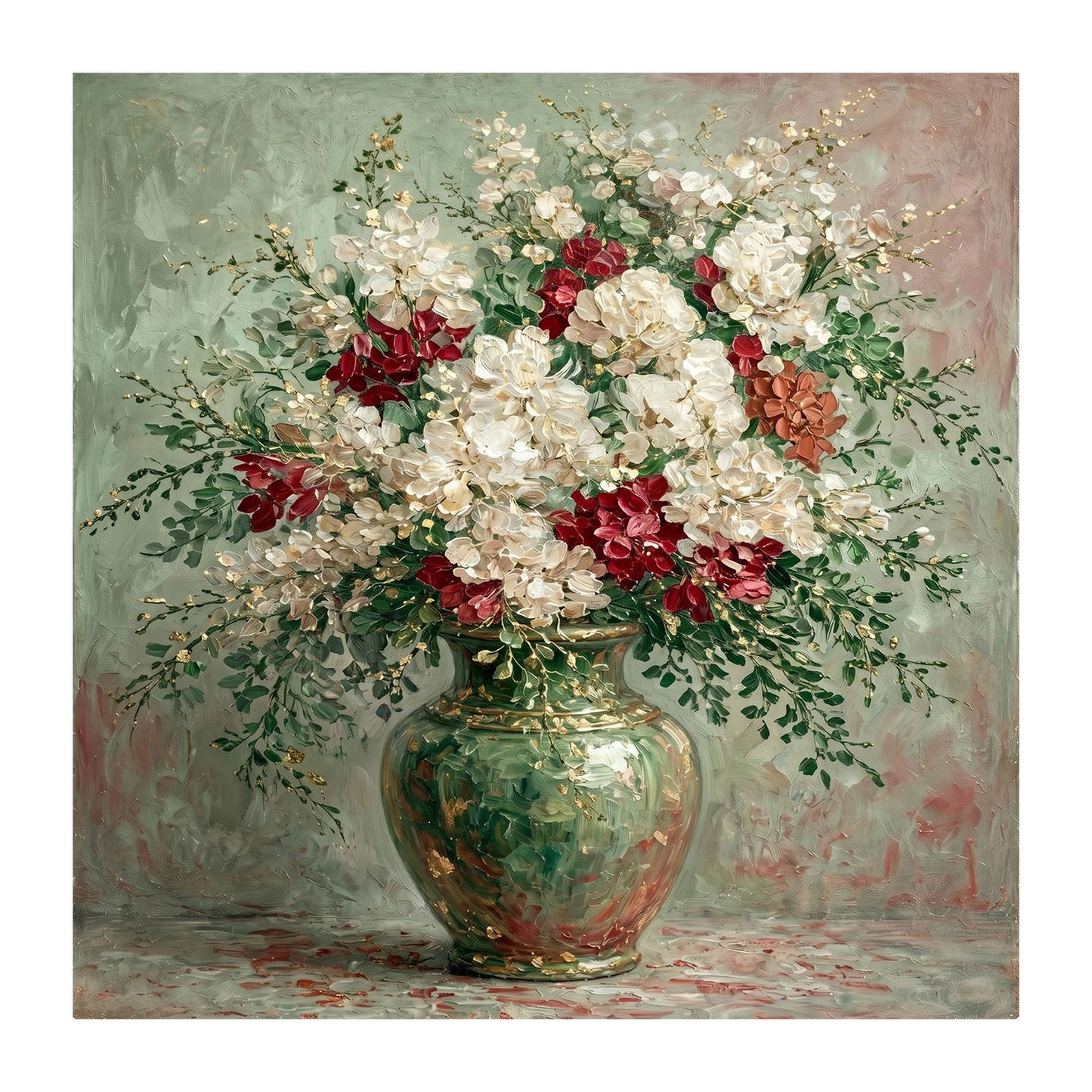 Italian Floral Painting Green Vase White Red Luxury Wall Art