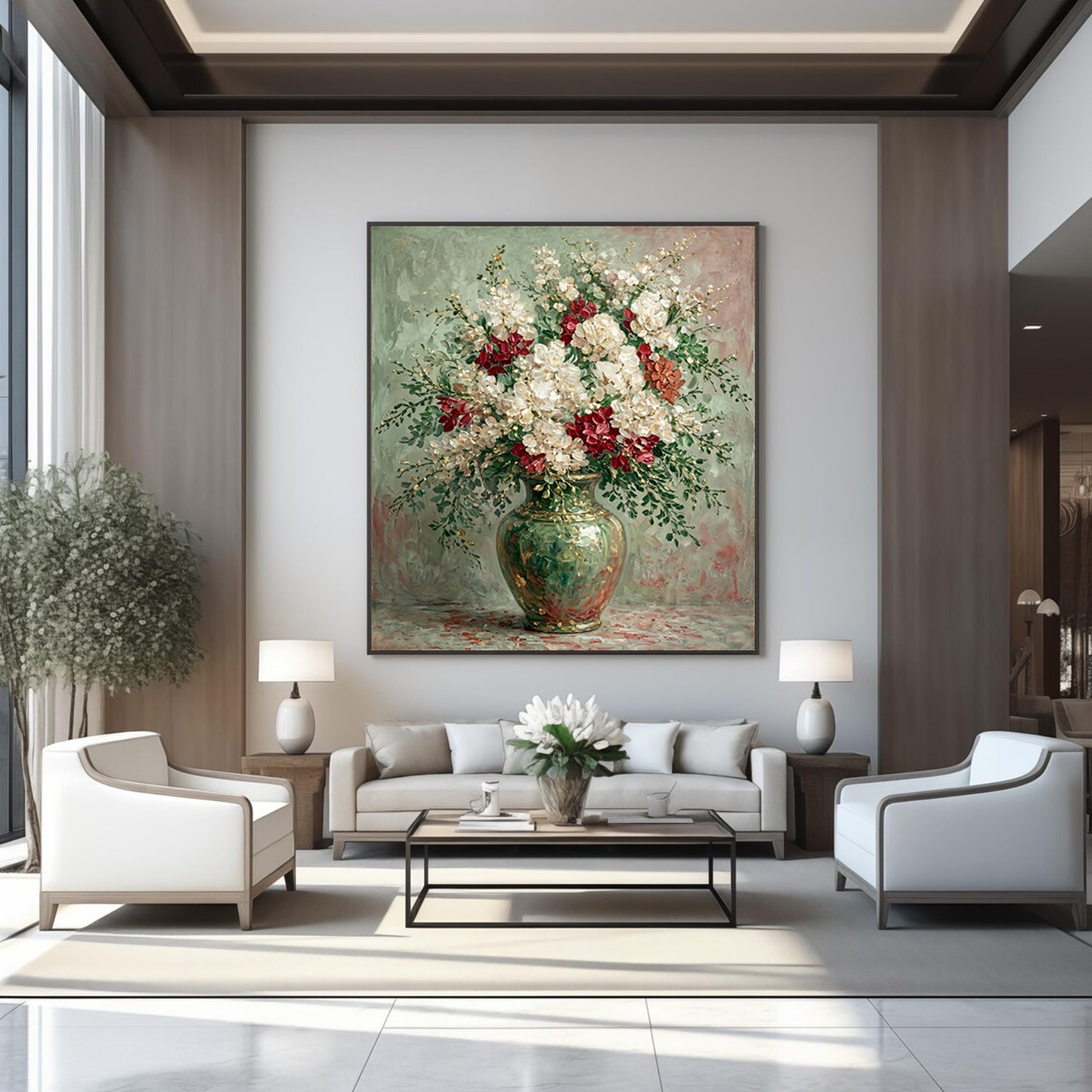 Italian Floral Painting Green Vase White Red Luxury Wall Art