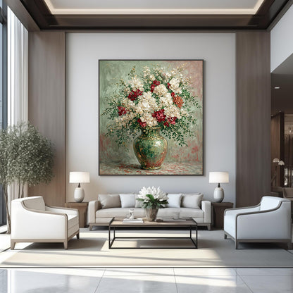 Italian Floral Painting Green Vase White Red Luxury Wall Art