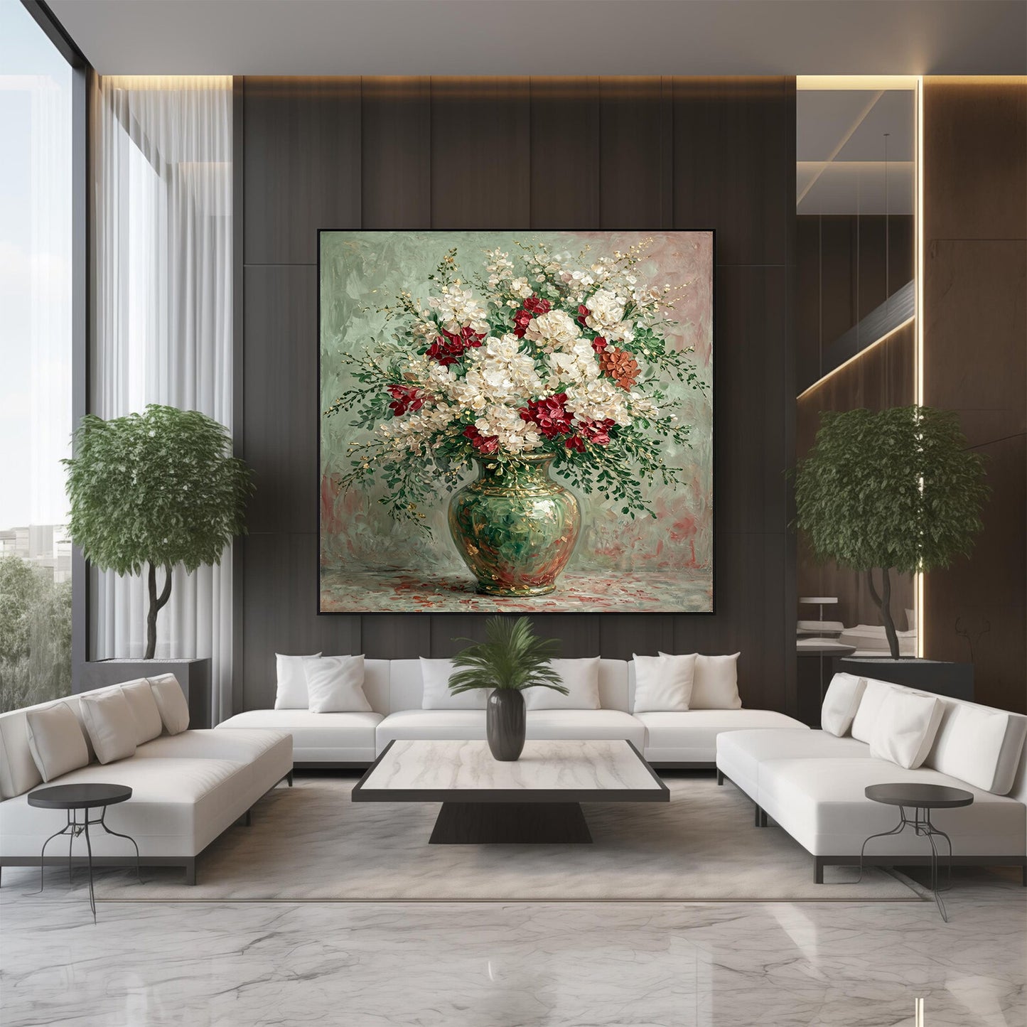 Italian Floral Painting Green Vase White Red Luxury Wall Art