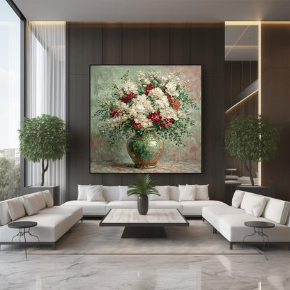 Italian Floral Painting Green Vase White Red Luxury Wall Art