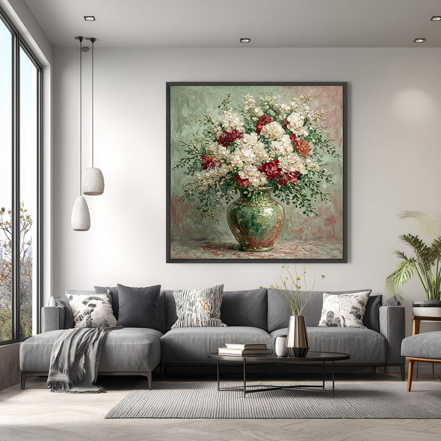Italian Floral Painting Green Vase White Red Luxury Wall Art