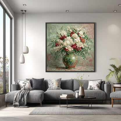 Italian Floral Painting Green Vase White Red Luxury Wall Art