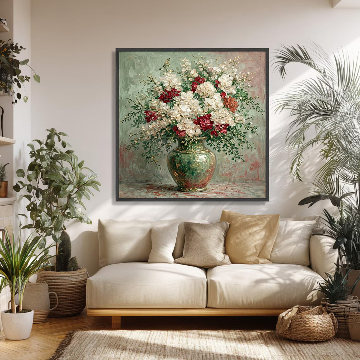 Italian Floral Painting Green Vase White Red Luxury Wall Art