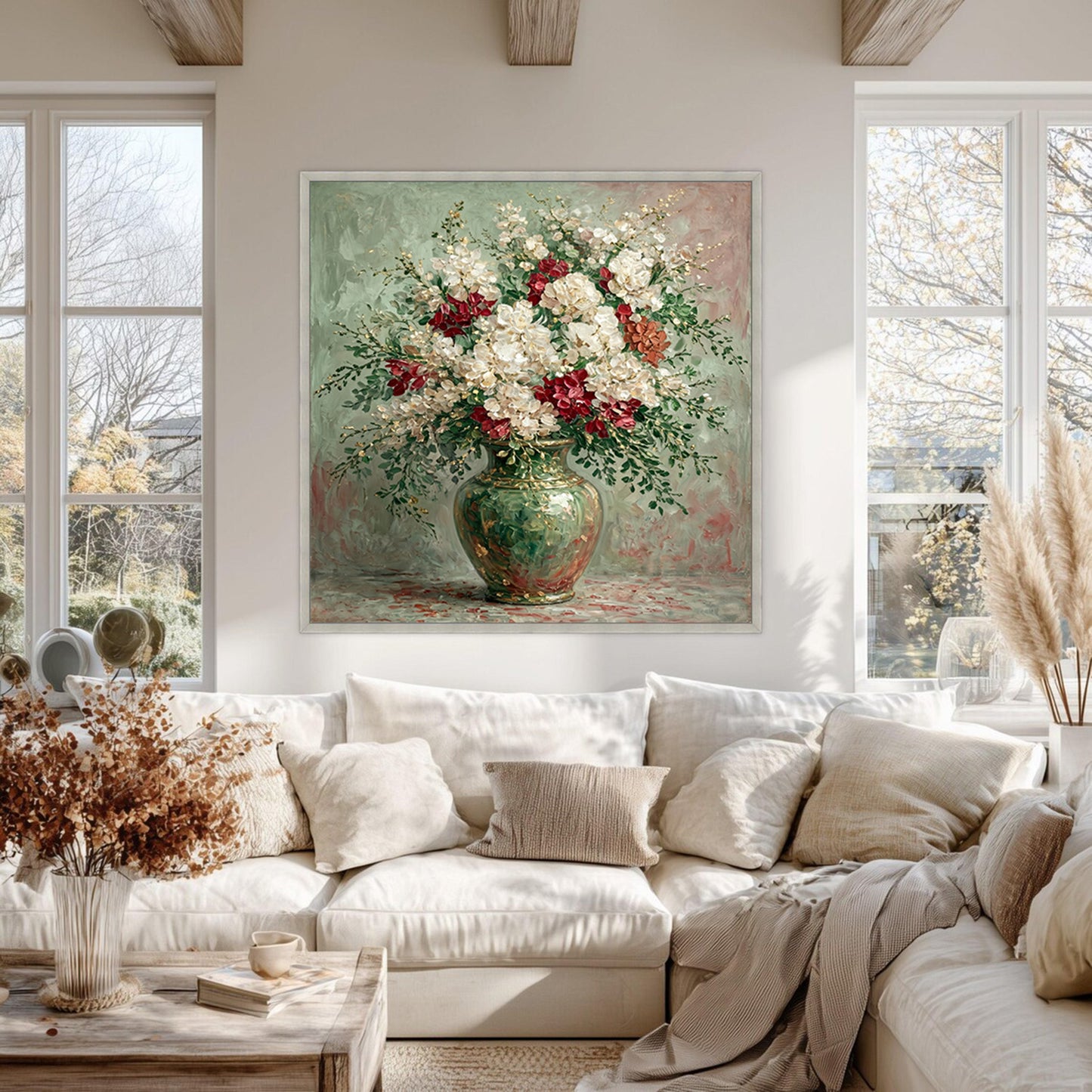 Italian Floral Painting Green Vase White Red Luxury Wall Art