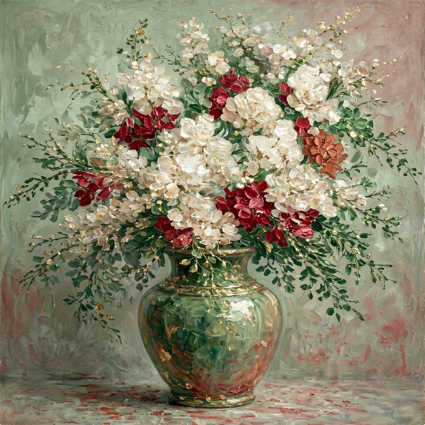Italian Floral Painting Green Vase White Red Luxury Wall Art