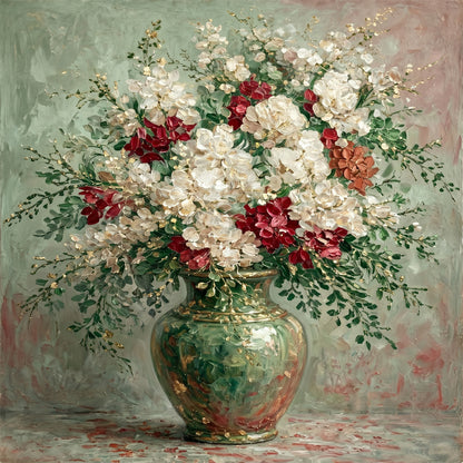 Italian Floral Painting Green Vase White Red Luxury Wall Art