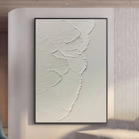 Room mockup showing ivory textured abstract with irregular raised curving edges and broad softly marked areas.