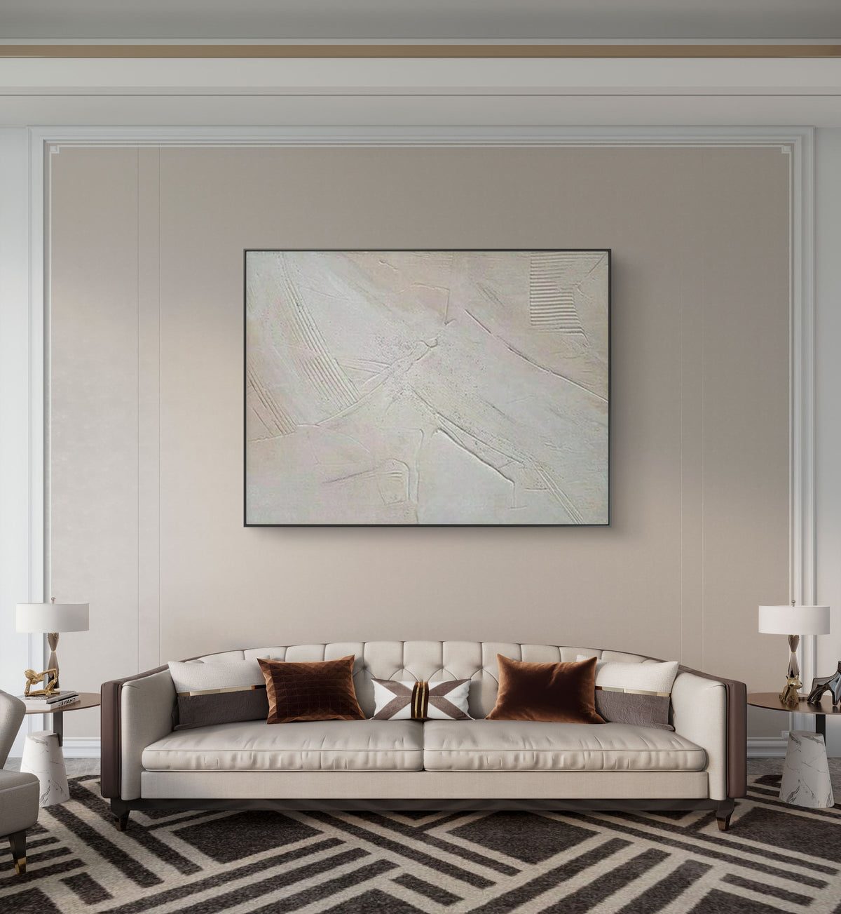 Room mockup showing pale ivory textured abstract with fine diagonal ridges and softly raised irregular marks.