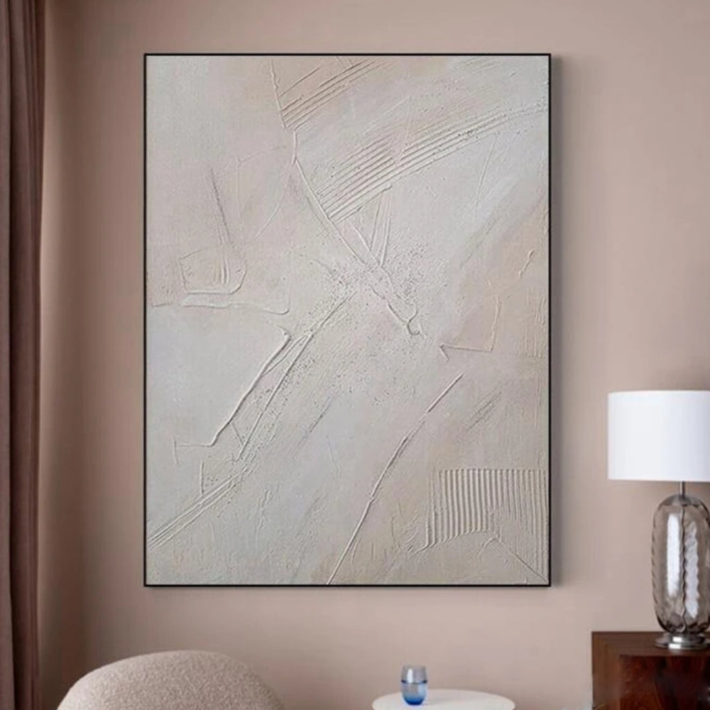 Room mockup showing pale ivory textured abstract with fine diagonal ridges and softly raised irregular marks.