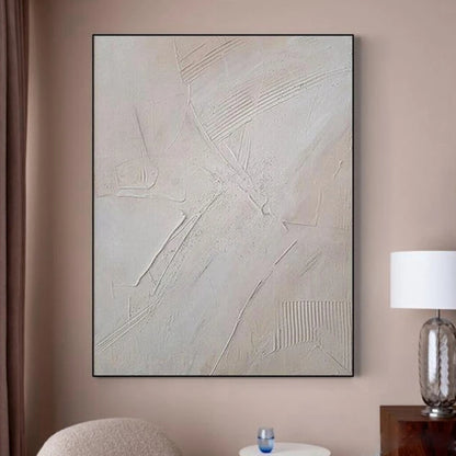 Room mockup showing pale ivory textured abstract with fine diagonal ridges and softly raised irregular marks.
