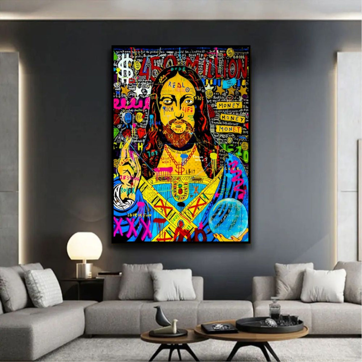 Room mockup showing yellow-faced Jesus pop art portrait with long dark hair, blue and pink robes, dollar symbols and graffiti lettering.