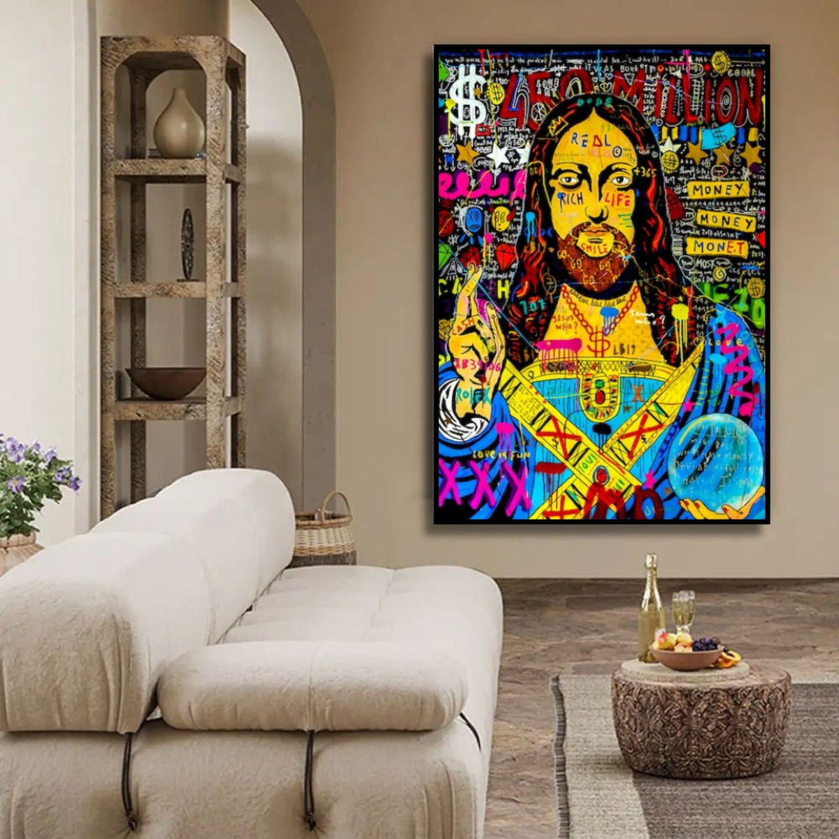 Room mockup showing yellow-faced Jesus pop art portrait with long dark hair, blue and pink robes, dollar symbols and graffiti lettering.