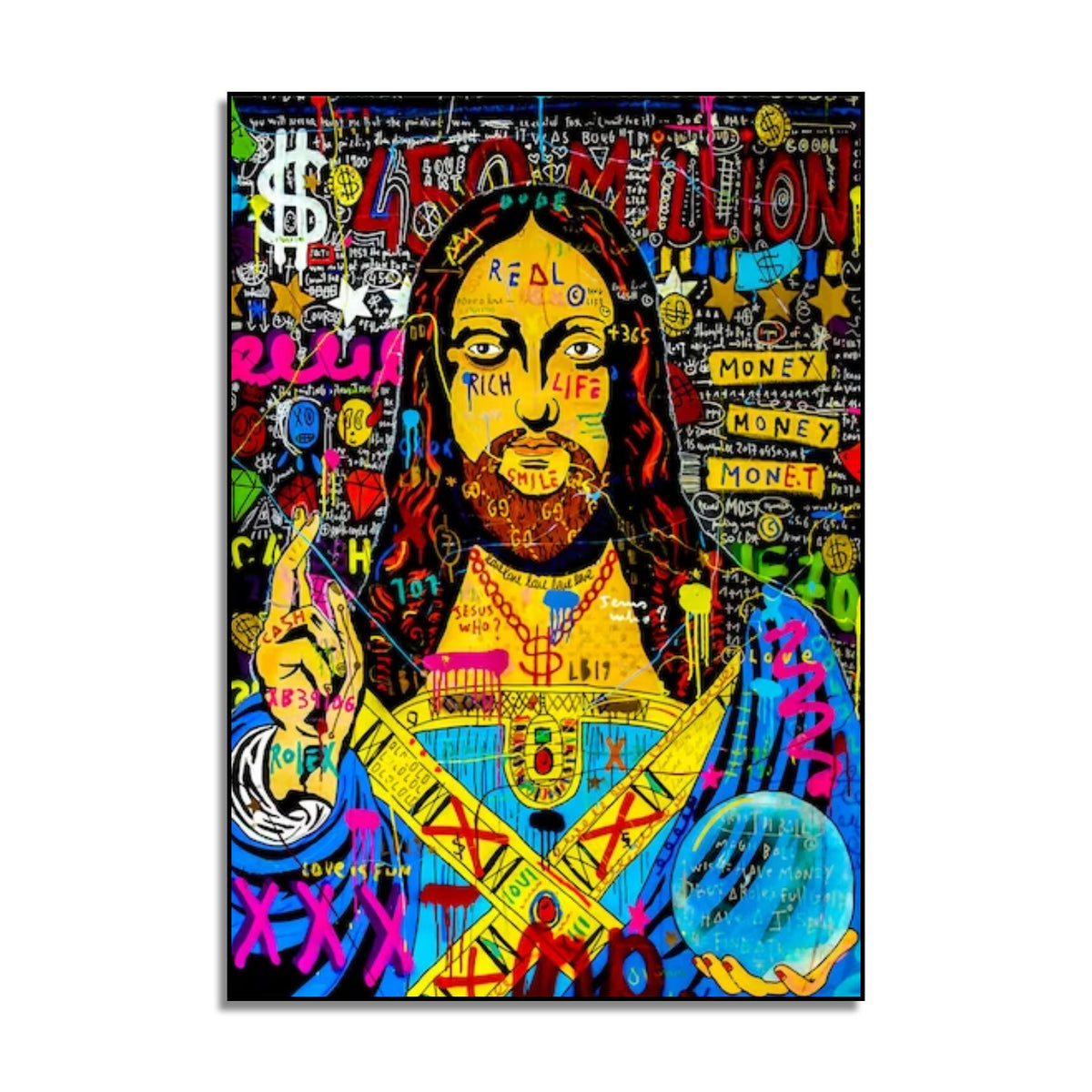 Yellow-faced Jesus pop art portrait with long dark hair, blue and pink robes, dollar symbols and graffiti lettering.