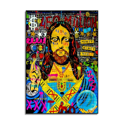Yellow-faced Jesus pop art portrait with long dark hair, blue and pink robes, dollar symbols and graffiti lettering.