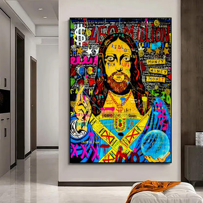 Room mockup showing yellow-faced Jesus pop art portrait with long dark hair, blue and pink robes, dollar symbols and graffiti lettering.
