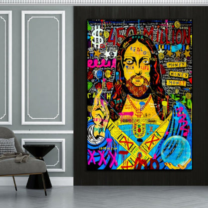 Room mockup showing yellow-faced Jesus pop art portrait with long dark hair, blue and pink robes, dollar symbols and graffiti lettering.