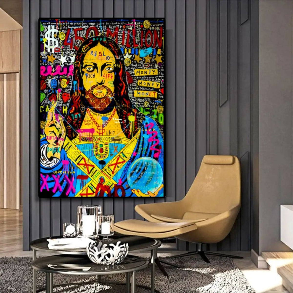 Room mockup showing yellow-faced Jesus pop art portrait with long dark hair, blue and pink robes, dollar symbols and graffiti lettering.