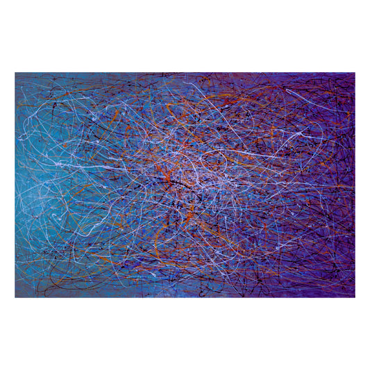 Abstract art with blue, purple, and orange colors on a white background