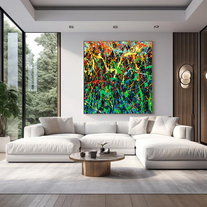Large Pollock Inspired Colourful Drip Painting | Hand Painted Wall Art