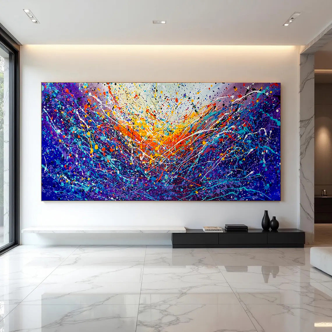 Large Pollock Inspired Blue Purple Abstract Painting | Hand Painted Wall Art