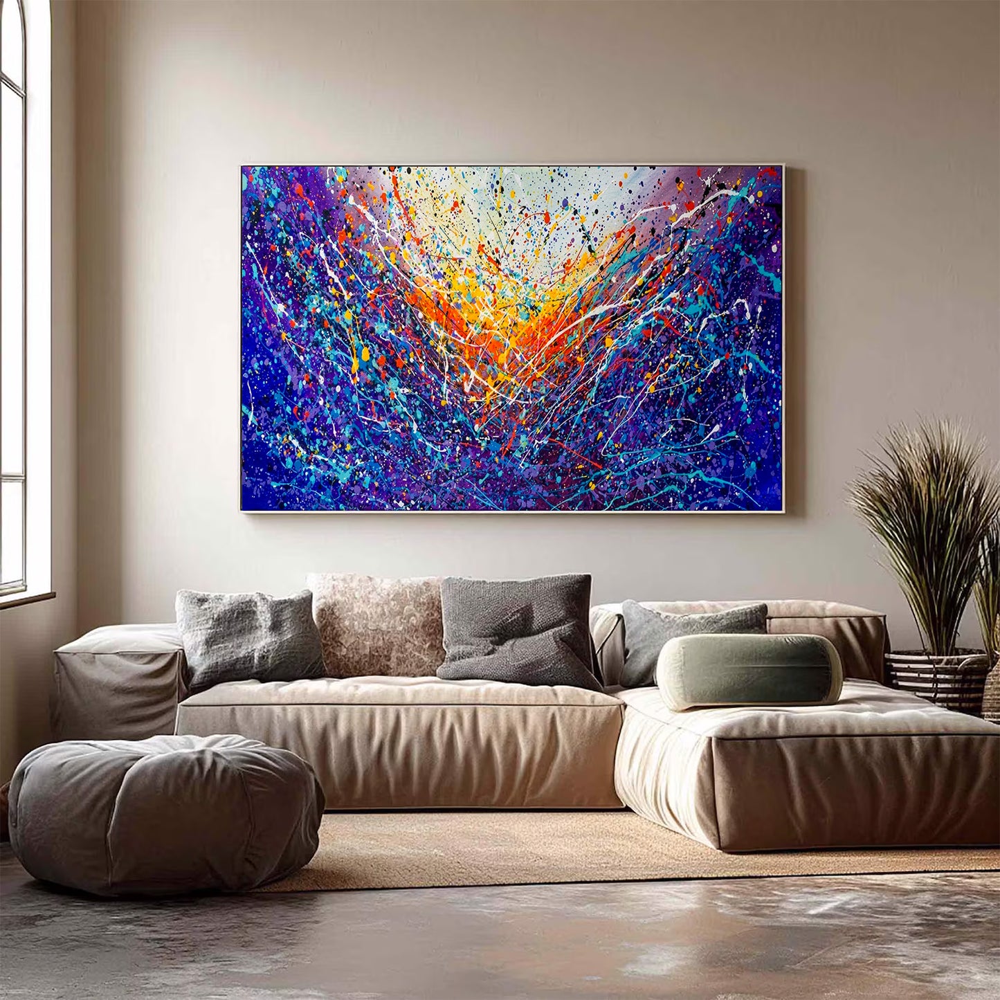 Large Pollock Inspired Blue Purple Abstract Painting | Hand Painted Wall Art