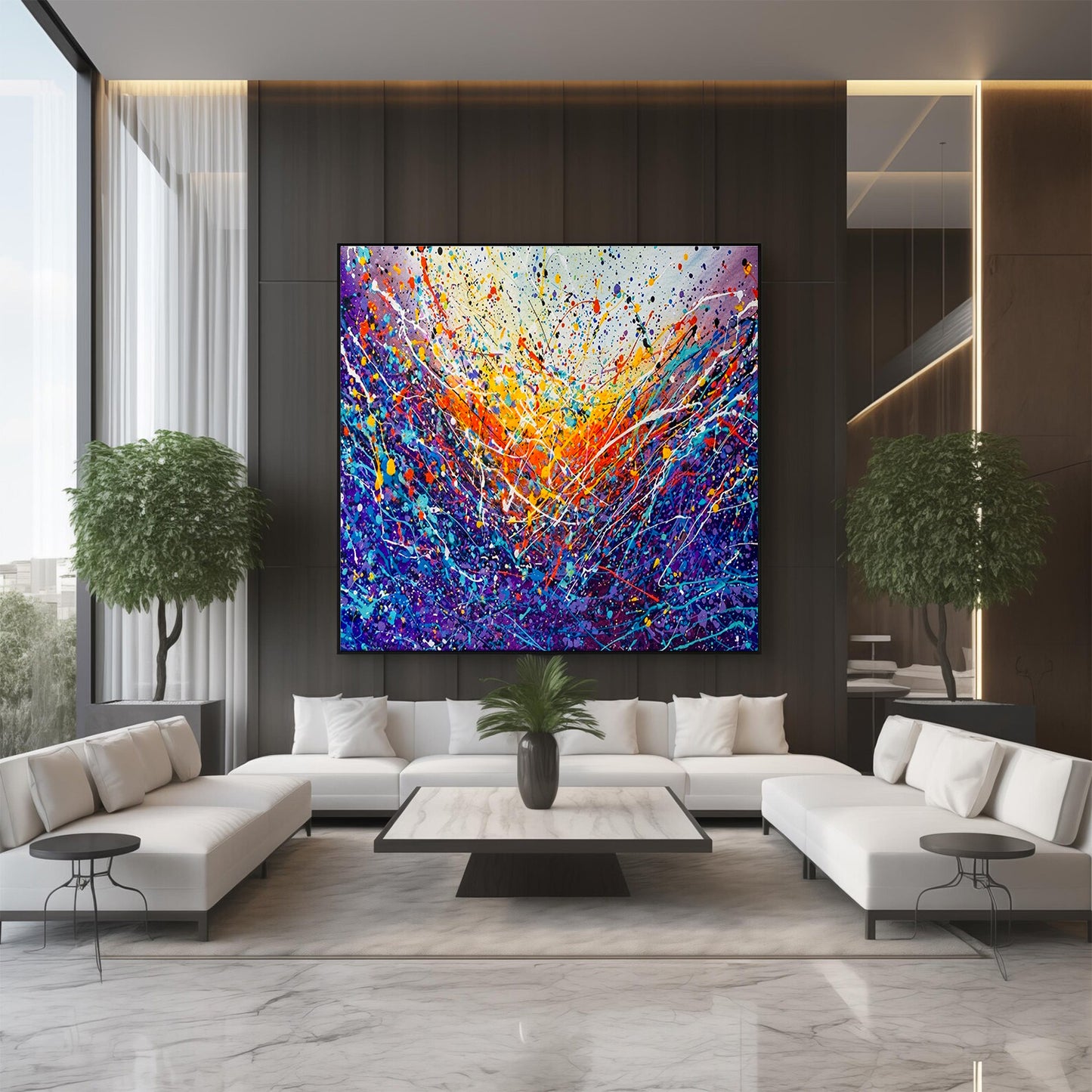 Large Pollock Inspired Blue Purple Abstract Painting | Hand Painted Wall Art