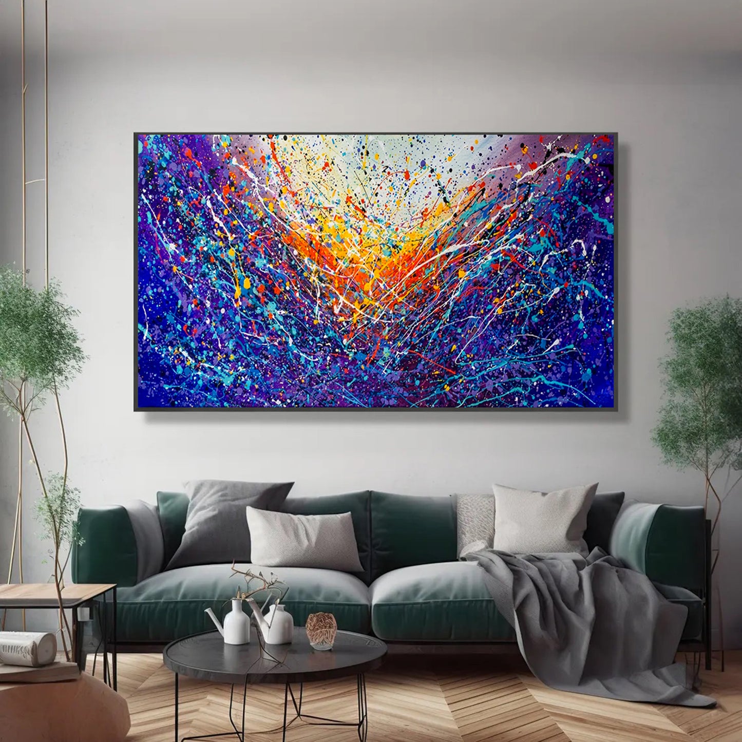 Large Pollock Inspired Blue Purple Abstract Painting | Hand Painted Wall Art