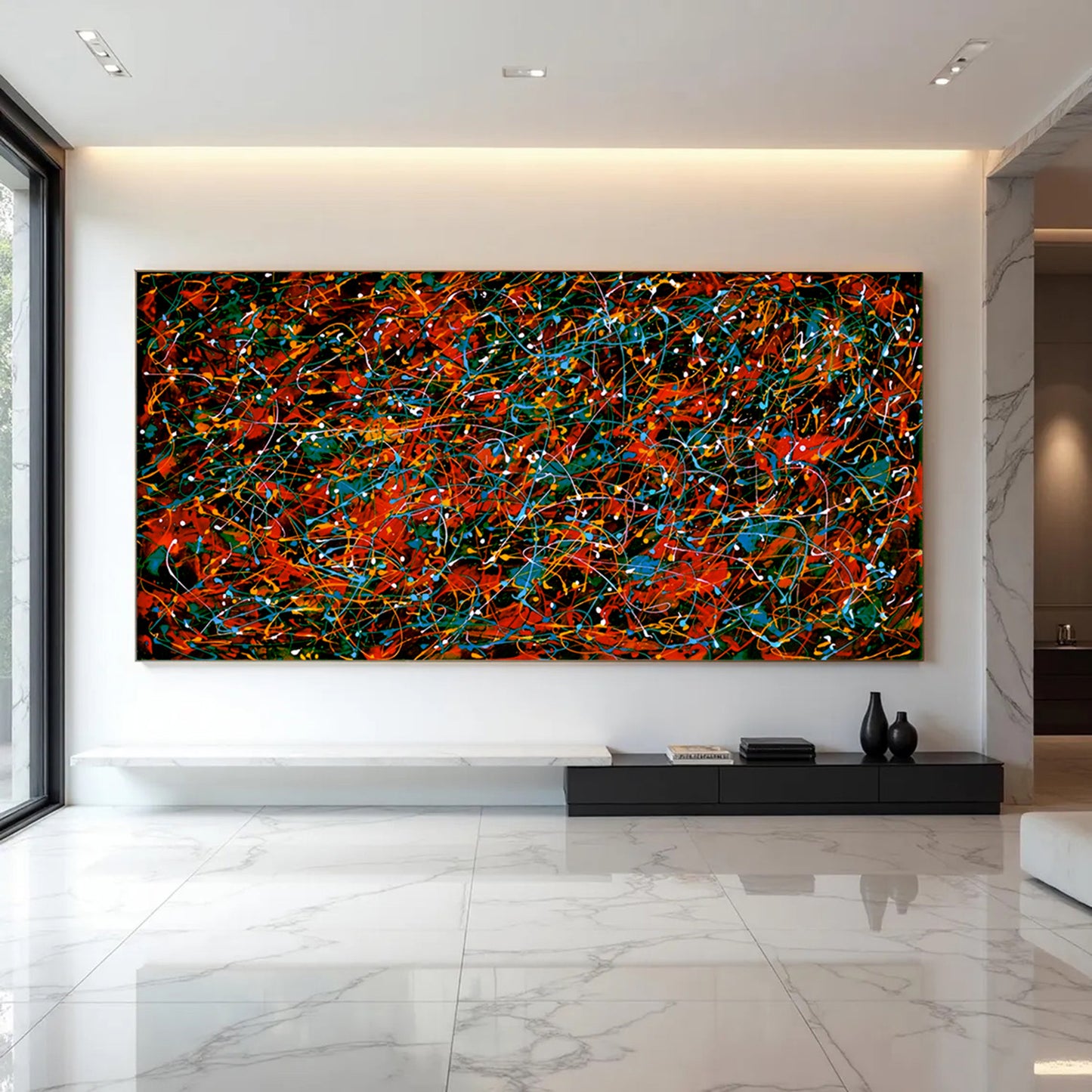 Large Pollock Inspired Red Black Abstract Painting | Hand Painted Canvas Art