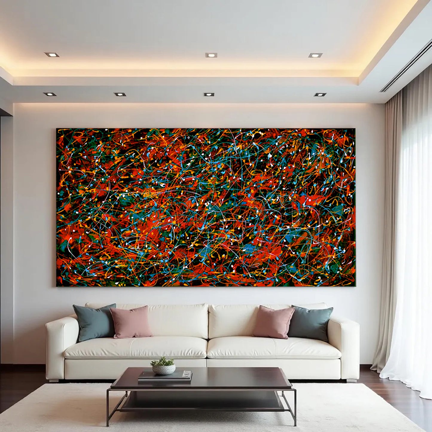 Large Pollock Inspired Red Black Abstract Painting | Hand Painted Canvas Art