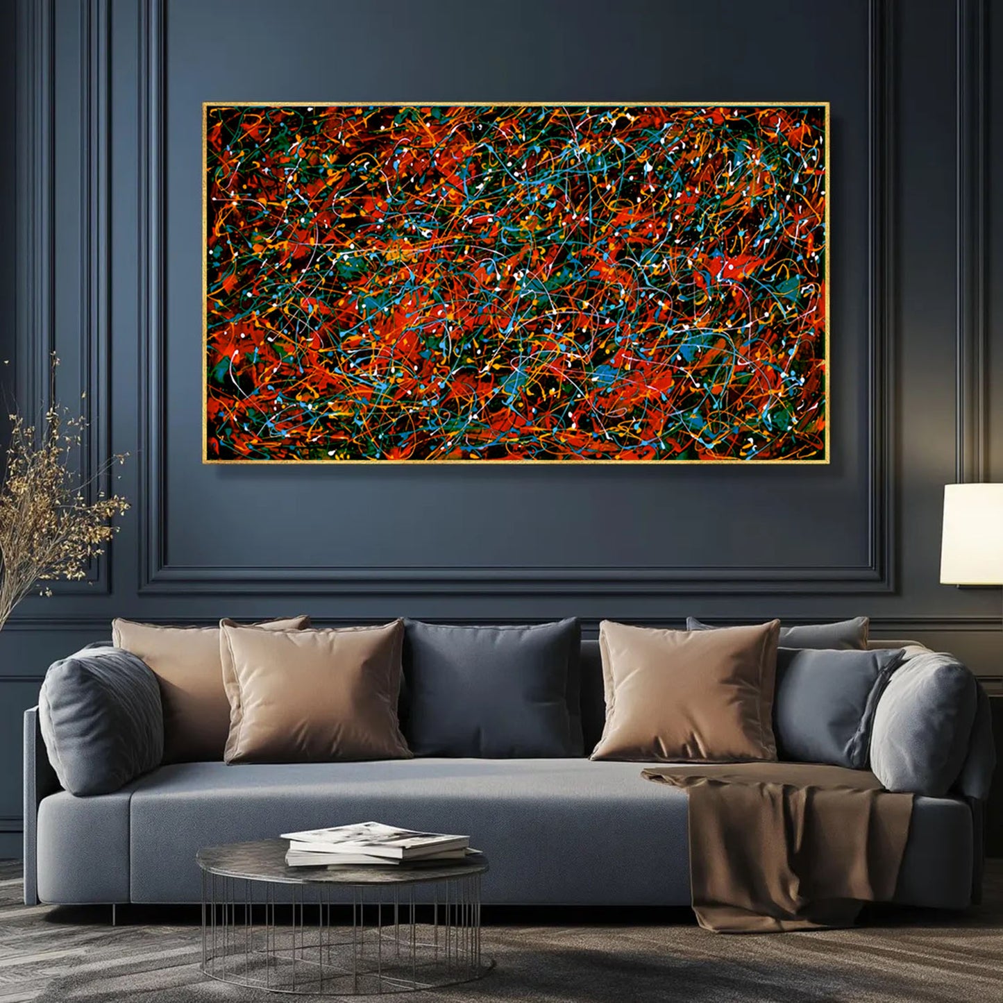 Large Pollock Inspired Red Black Abstract Painting | Hand Painted Canvas Art
