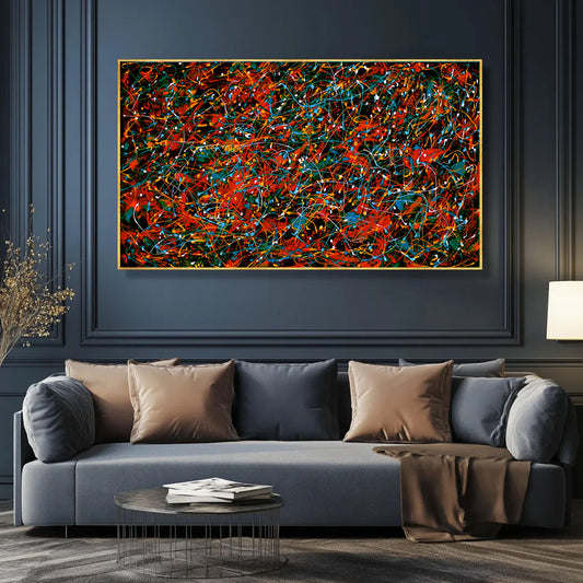 Large Pollock Inspired Red Black Abstract Painting | Hand Painted Canvas Art
