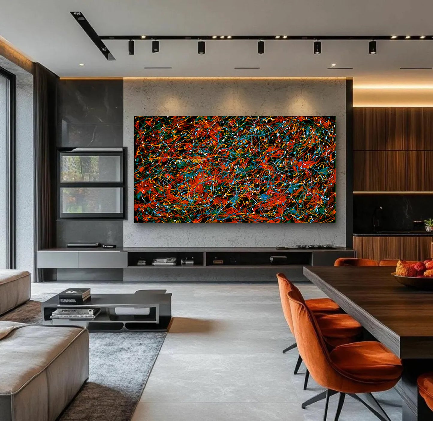 Large Pollock Inspired Red Black Abstract Painting | Hand Painted Canvas Art