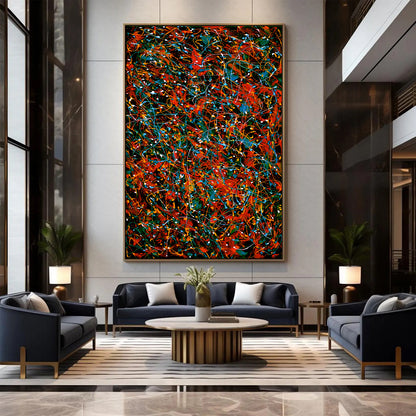 Large Pollock Inspired Red Black Abstract Painting | Hand Painted Canvas Art