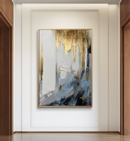 Golden Veil – Textured Abstract Painting with Gold & Slate Accents