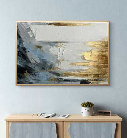 Golden Veil – Textured Abstract Painting with Gold & Slate Accents