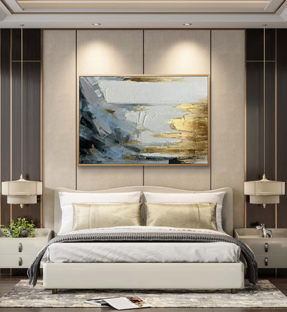 Golden Veil – Textured Abstract Painting with Gold & Slate Accents