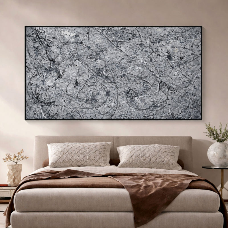 Hand-painted abstract grey drip painting with soft layered lines and subtle texture, displayed as modern bedroom wall art.