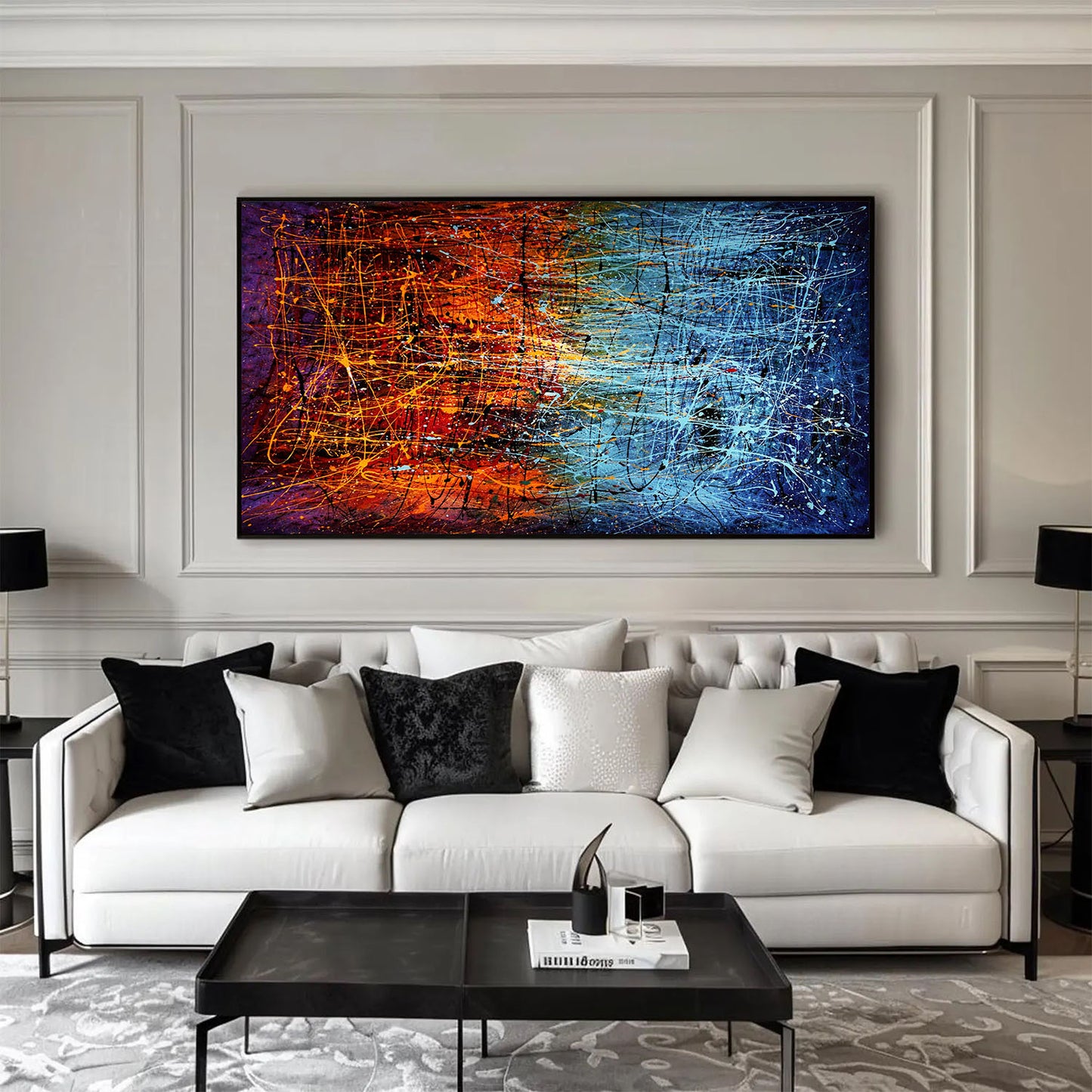 Large horizontal abstract orange and blue painting displayed above a white sofa in a modern luxury living room.