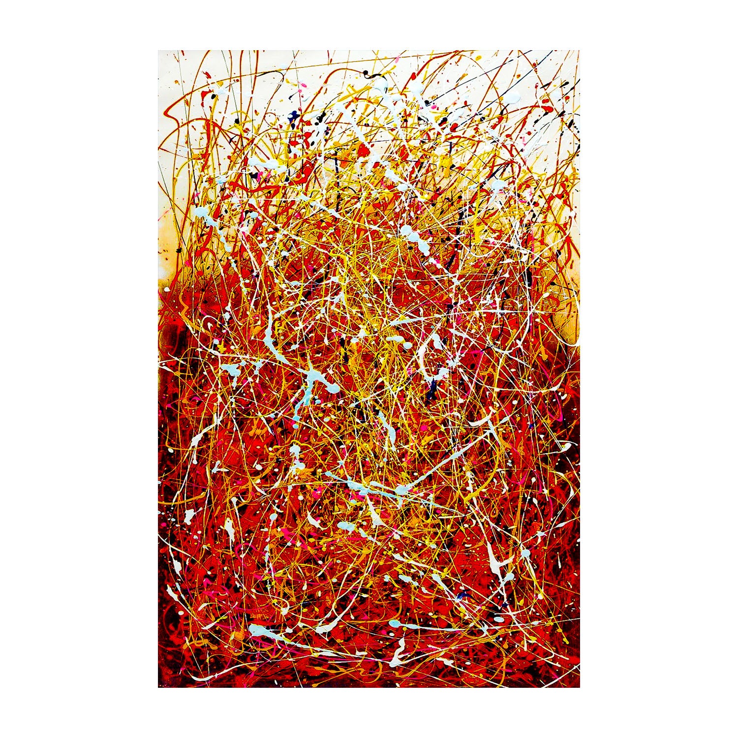 Abstract art with red, yellow, and white colors on a white background