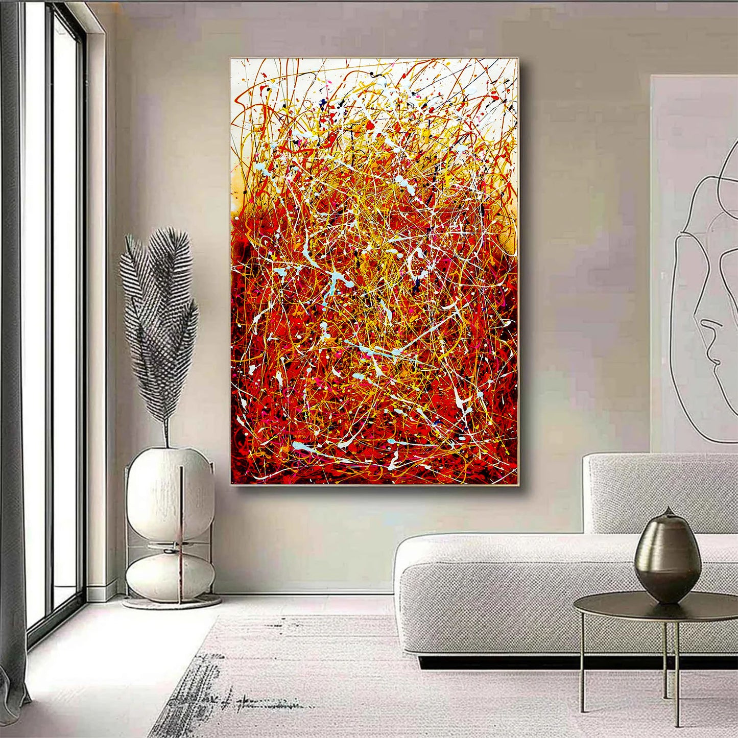 Abstract painting in a modern living room with a sofa and decorative items.