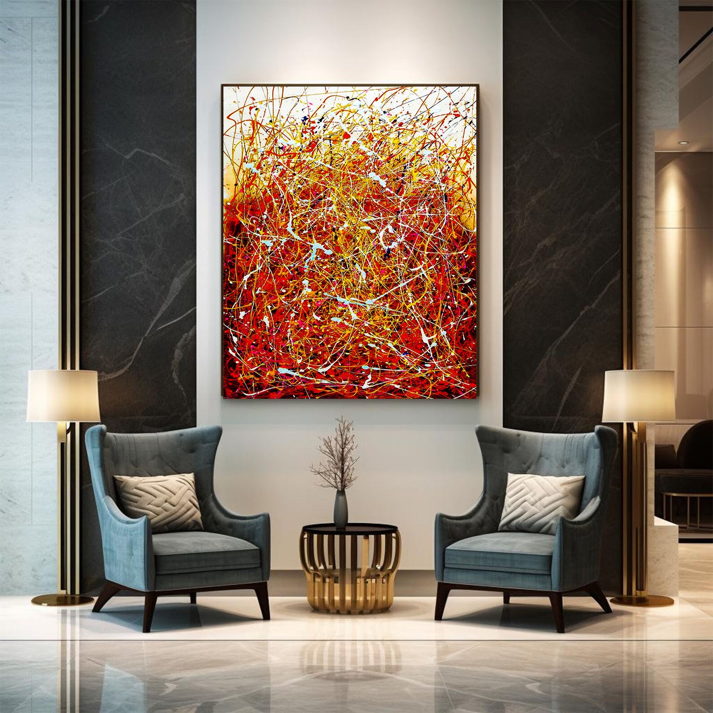 Modern interior with two gray armchairs, a small round table, and a colorful abstract painting on a wall.