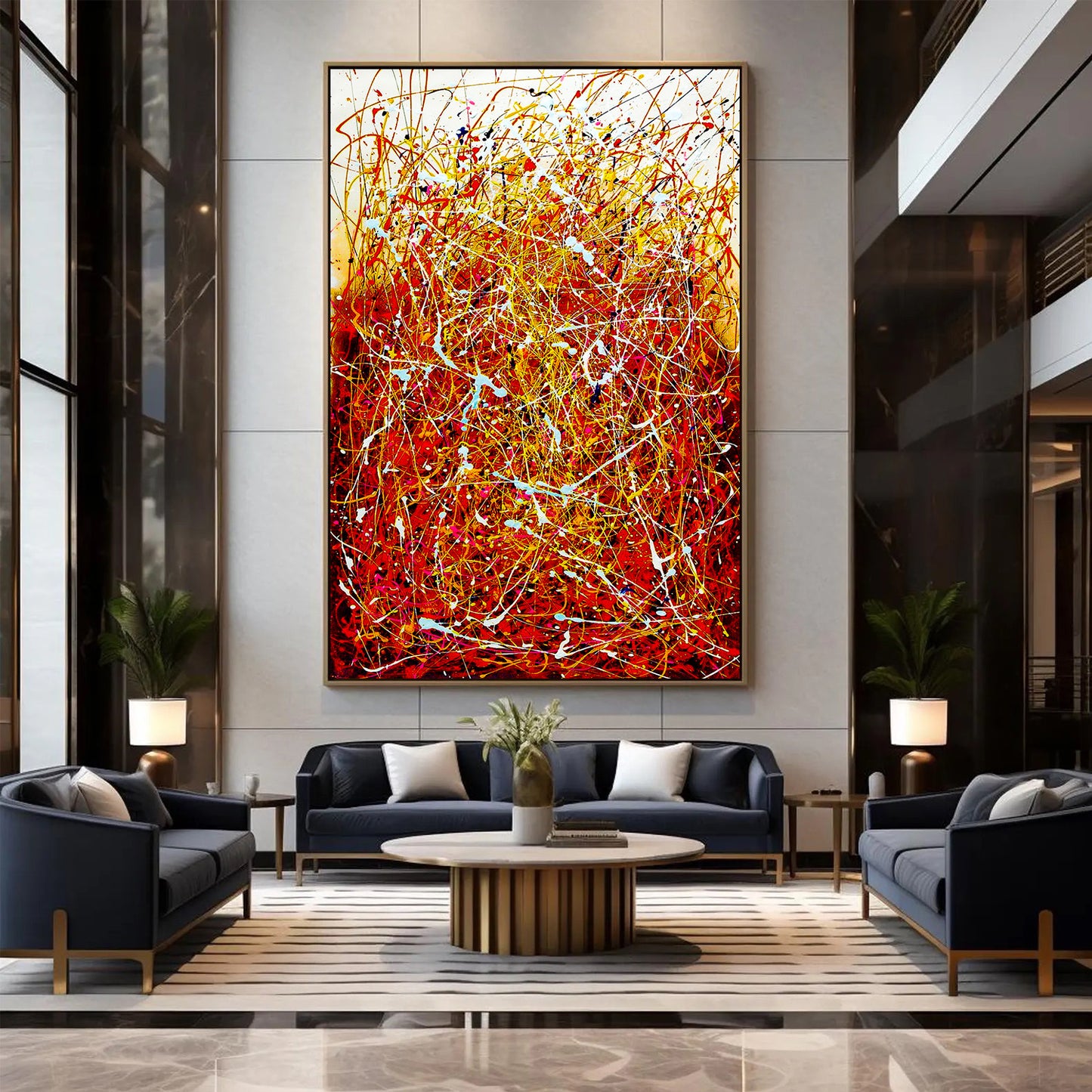 Modern living room with abstract art on the wall