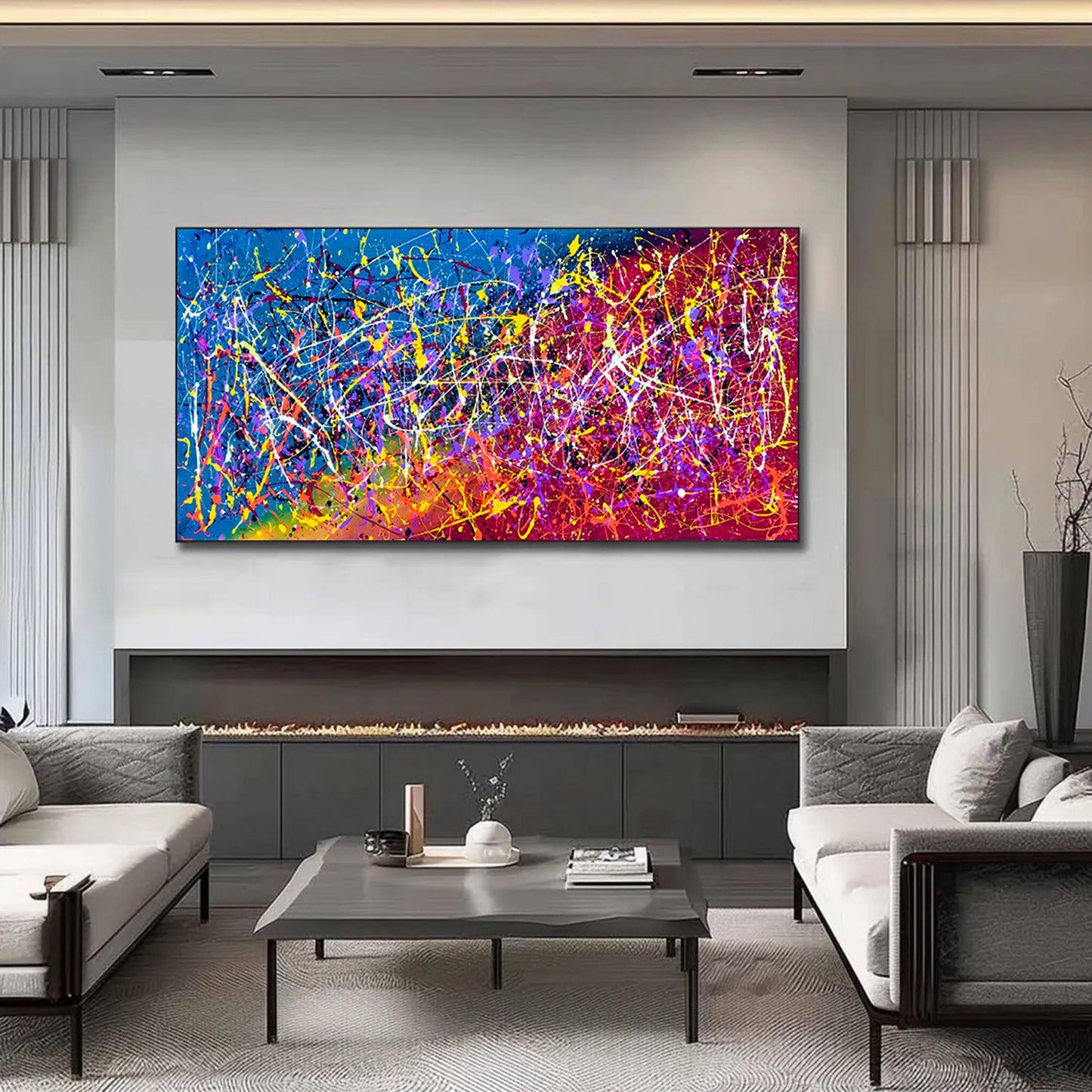 Large Pollock Inspired Neon Abstract Painting | Hand Painted Canvas Art
