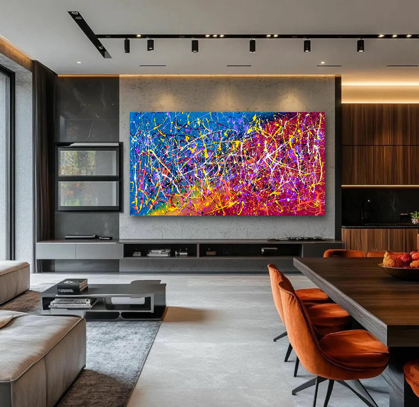 Large Pollock Inspired Neon Abstract Painting | Hand Painted Canvas Art