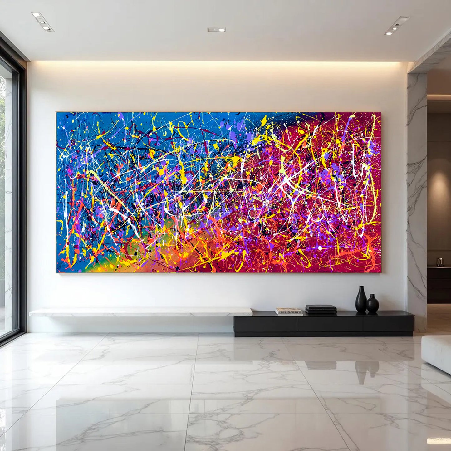 Large Pollock Inspired Neon Abstract Painting | Hand Painted Canvas Art