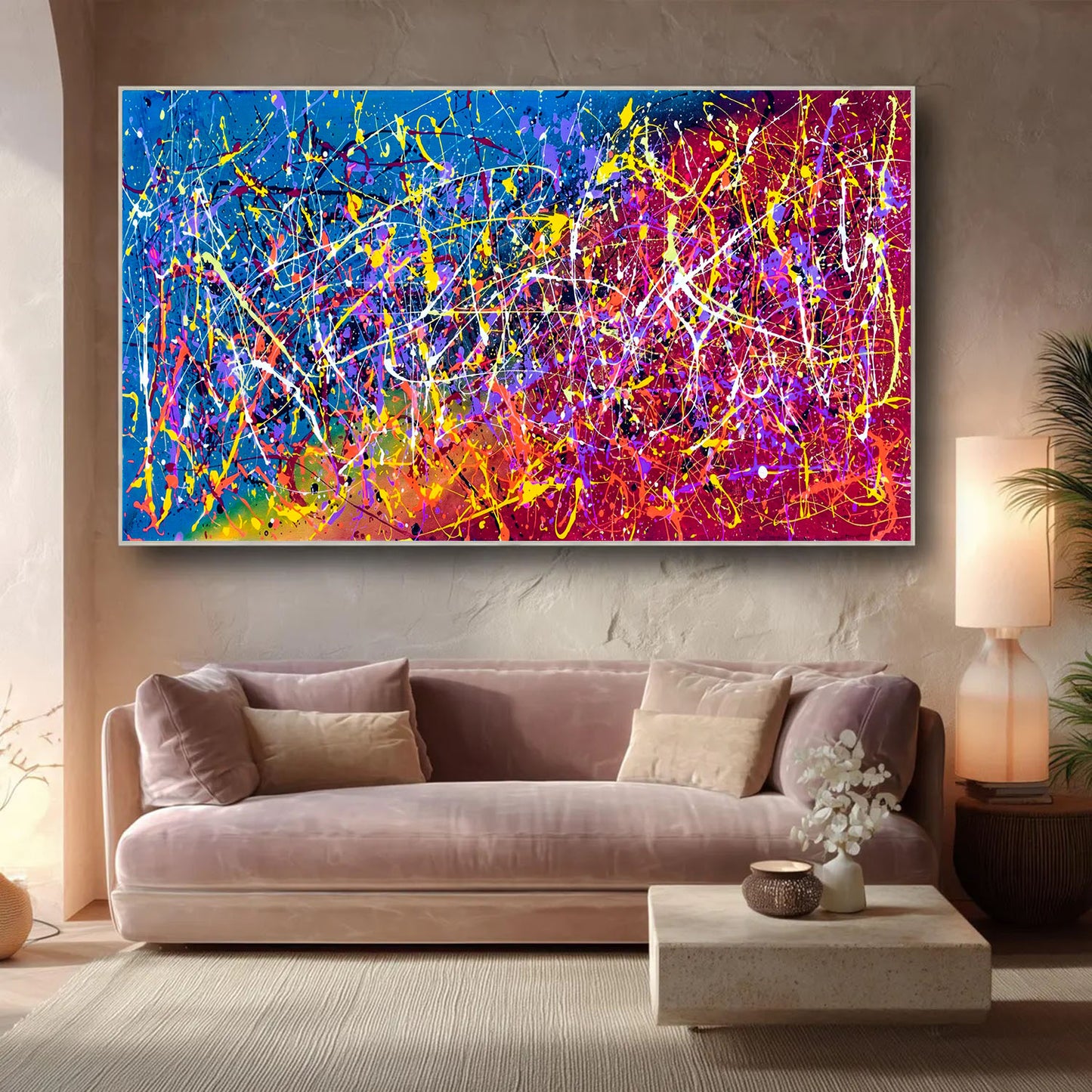 Large Pollock Inspired Neon Abstract Painting | Hand Painted Canvas Art