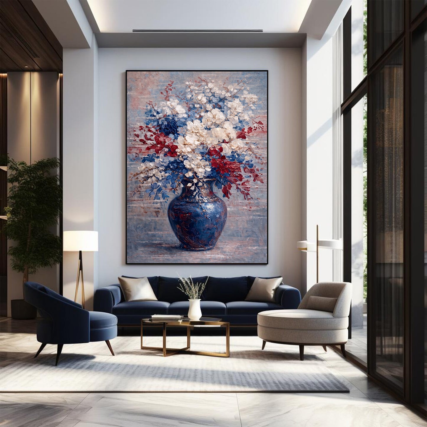 Large hand-painted floral artwork in bright luxury living room above sofa with modern styling
