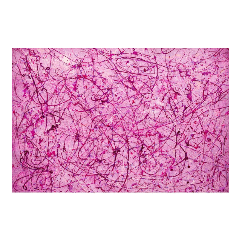 Hand-painted pink abstract drip painting inspired by expressive Pollock-style techniques, with layered lines and soft dynamic movement.