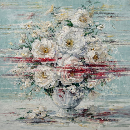 Large hand-painted white floral abstract artwork in a contemporary luxury open living space with marble floor and modern seating